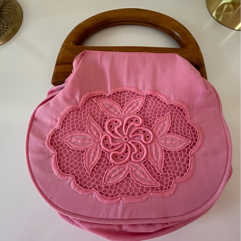 Pink Battenburg Wood Handled Purse